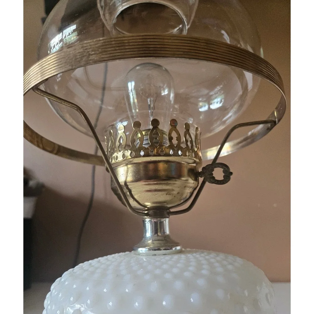 Vintage Hobnail‎ Milk Glass Electric Hurricane Lamp White Glass Brass Accent